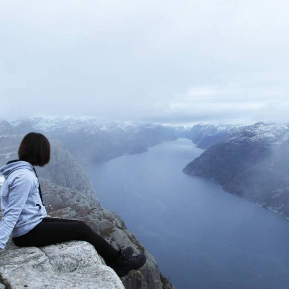 The view from 605m off the Preikestolen pulpit rock in Rogaland, Norway.
